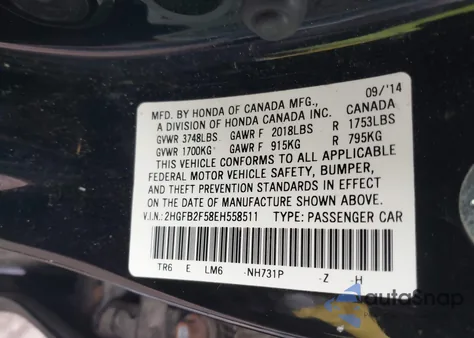 2014 Honda Civic Lx from USA, damaged, VIN 2HGFB2F58EH558511